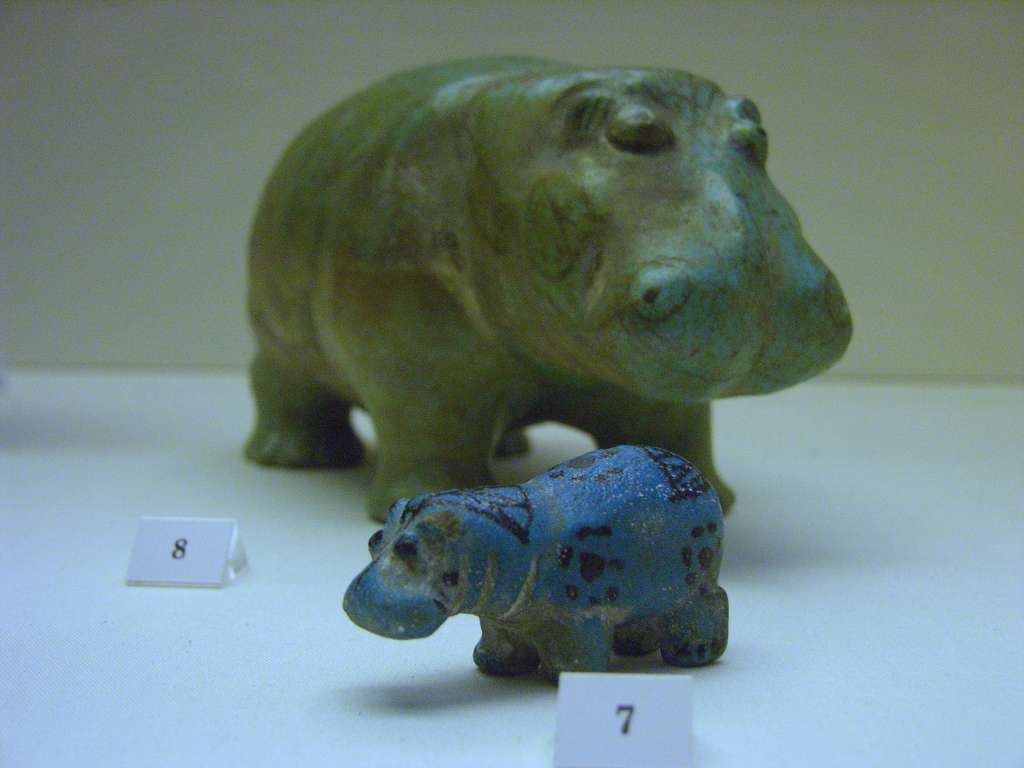 British Museum Top 20 15-1 Blue Egyptian Hippos 15. Blue Egyptian Hippo - 1800 BC. Many small figures of hippos have been found in tombs, possibly buried with the dead so they could be hunted in the after-life. The male hippo was associated with the god Seth and was considered a bad omen, but the female hippo was associated with Taweret, the goddess of childbirth and protector of both mother and baby.
